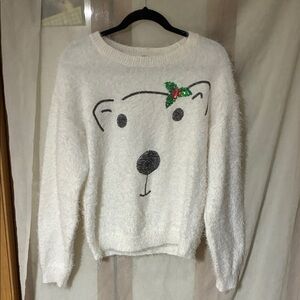 Holiday Time White Bear Sweater with Holly Accent